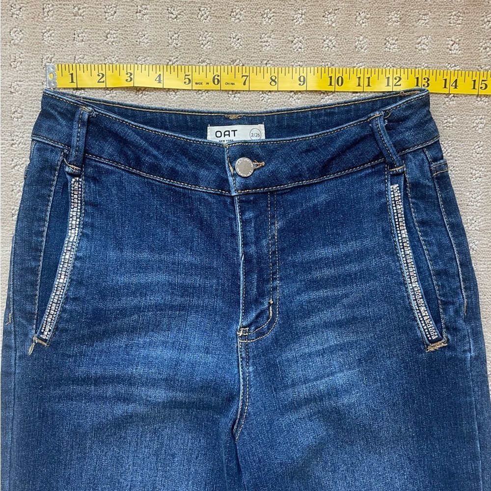 OAT‎ New York High Rise Wide Leg Denim Trouser, Rhinestone Detail, Raw Hem, Sz 2 - Picture 12 of 16